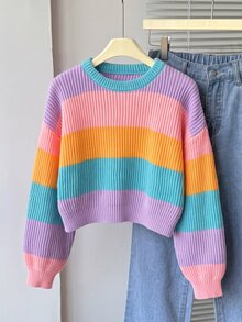 SHEIN 女童彩虹條紋羅紋針織圓領套頭毛衣，拼色長袖可愛校園休閒風，粉色與紫色條紋秋季款 - 彩色 - 查看 8