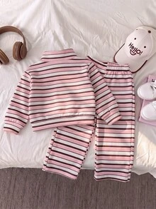 SHEIN 2件組幼女半拉鍊上衣+長褲，甜美學院風粉色棕色條紋蝴蝶結羅紋長袖立領休閒套裝，適合生日、秋季、假期活動 - 彩色 - 查看 2