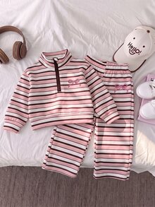 SHEIN 2件組幼女半拉鍊上衣+長褲，甜美學院風粉色棕色條紋蝴蝶結羅紋長袖立領休閒套裝，適合生日、秋季、假期活動 - 彩色 - 查看 1