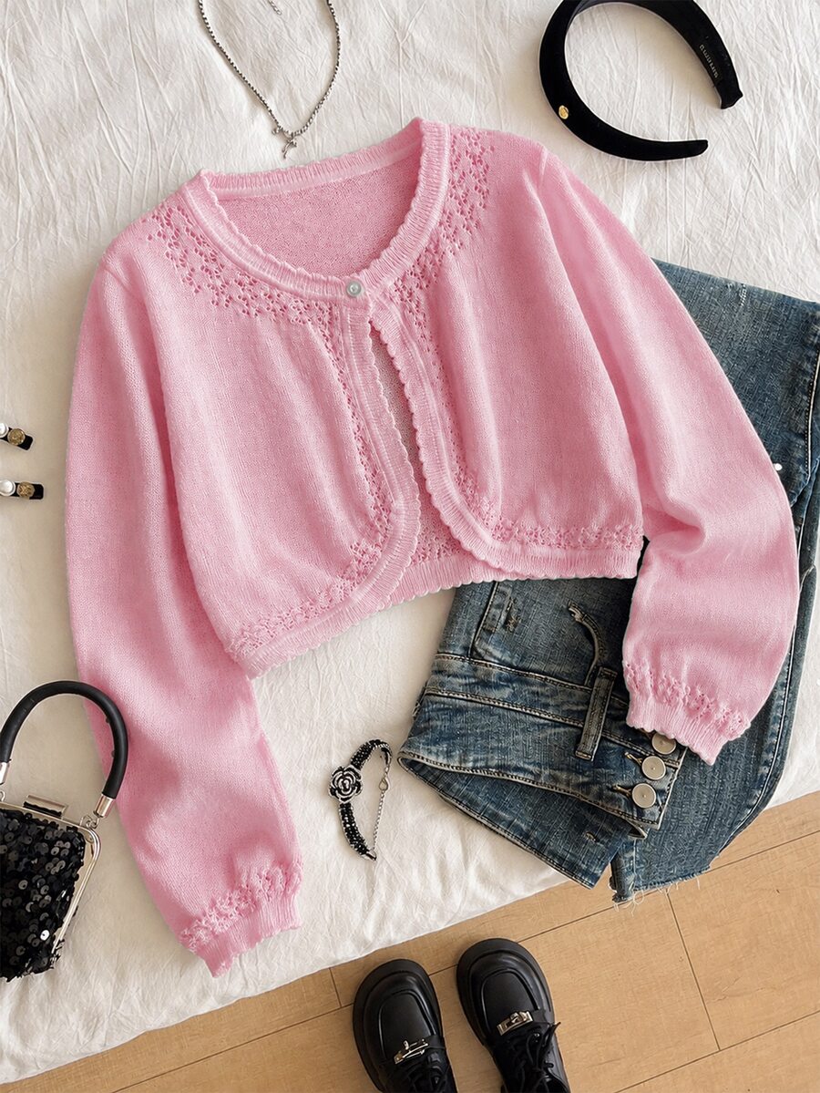 SHEIN Lightweight Knit Cardigan For Tween GirlsOpen Front Sweater, Outerwear To Match Camisole Dress Autumn Fall - Pink - View 1