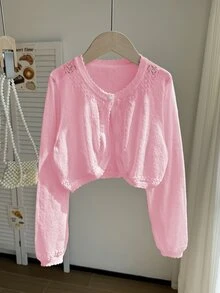 SHEIN Lightweight Knit Cardigan For Tween GirlsOpen Front Sweater, Outerwear To Match Camisole Dress Autumn Fall - Pink - View 4