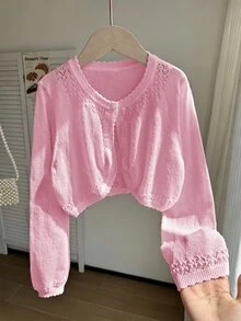 SHEIN Lightweight Knit Cardigan For Tween GirlsOpen Front Sweater, Outerwear To Match Camisole Dress Autumn Fall - Pink - View 7