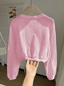 SHEIN Lightweight Knit Cardigan For Tween GirlsOpen Front Sweater, Outerwear To Match Camisole Dress Autumn Fall - Pink - View 3