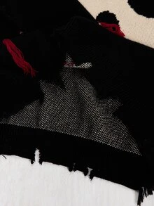 Friday the 13th X ROMWE IP Collaboration Friday The 13th Logo Black & White Chunky Knit Crochet Sweater For Women - Black - View 16