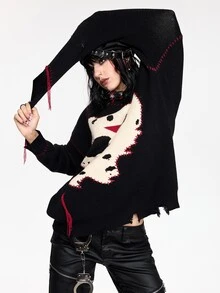 Friday the 13th X ROMWE IP Collaboration Friday The 13th Logo Black & White Chunky Knit Crochet Sweater For Women - Black - View 11