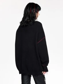 Friday the 13th X ROMWE IP Collaboration Friday The 13th Logo Black & White Chunky Knit Crochet Sweater For Women - Black - View 3