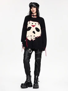 Friday the 13th X ROMWE IP Collaboration Friday The 13th Logo Black & White Chunky Knit Crochet Sweater For Women - Black - View 9