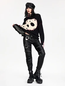 Friday the 13th X ROMWE IP Collaboration Friday The 13th Logo Black & White Chunky Knit Crochet Sweater For Women - Black - View 10