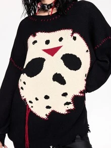 Friday the 13th X ROMWE IP Collaboration Friday The 13th Logo Black & White Chunky Knit Crochet Sweater For Women - Black - View 2
