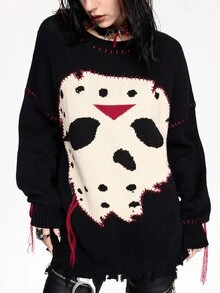 Friday the 13th X ROMWE IP Collaboration Friday The 13th Logo Black & White Chunky Knit Crochet Sweater For Women - Black - View 4