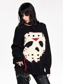 Friday the 13th X ROMWE IP Collaboration Friday The 13th Logo Black & White Chunky Knit Crochet Sweater For Women - Black - View 6