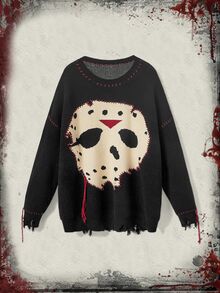 Friday the 13th X ROMWE IP Collaboration Friday The 13th Logo Black & White Chunky Knit Crochet Sweater For Women - Black - View 13