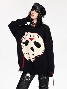Friday the 13th X ROMWE IP Collaboration Friday The 13th Logo Black & White Chunky Knit Crochet Sweater For Women - Black - View 1