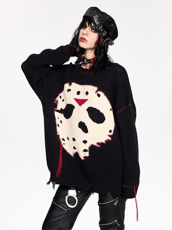 Friday the 13th X ROMWE Collaborazione IP Logo Venerdì 13 Maglione in Maglia Grossa a Uncinetto Bianco & Nero per Donne
