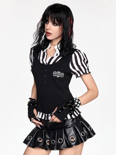 Beetlejuice X ROMWE Camiseta de mujer 2 en 1 a rayas con bloques de color y patchwork