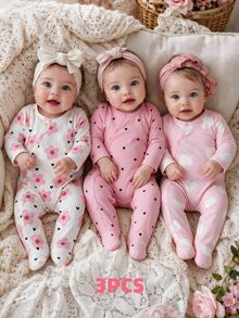 3件組新生女嬰連身包屁衣附頭帶，可愛甜美粉色白色花朵愛心波點蝴蝶結長袖日常款，適合秋季假期聖誕節，按扣設計 - 彩色 - 查看 2