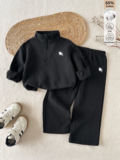 SHEIN 2er Set Jungen Frühling Herbst Lässig Stehkragen Halb-Reißverschluss Sweatshirt + Jogginghose Outfit, einfarbig minimalistisch Langarm Fleece Pullover + gerade Bein Hose Set, geeignet für Sport, Outdoor, Schule.