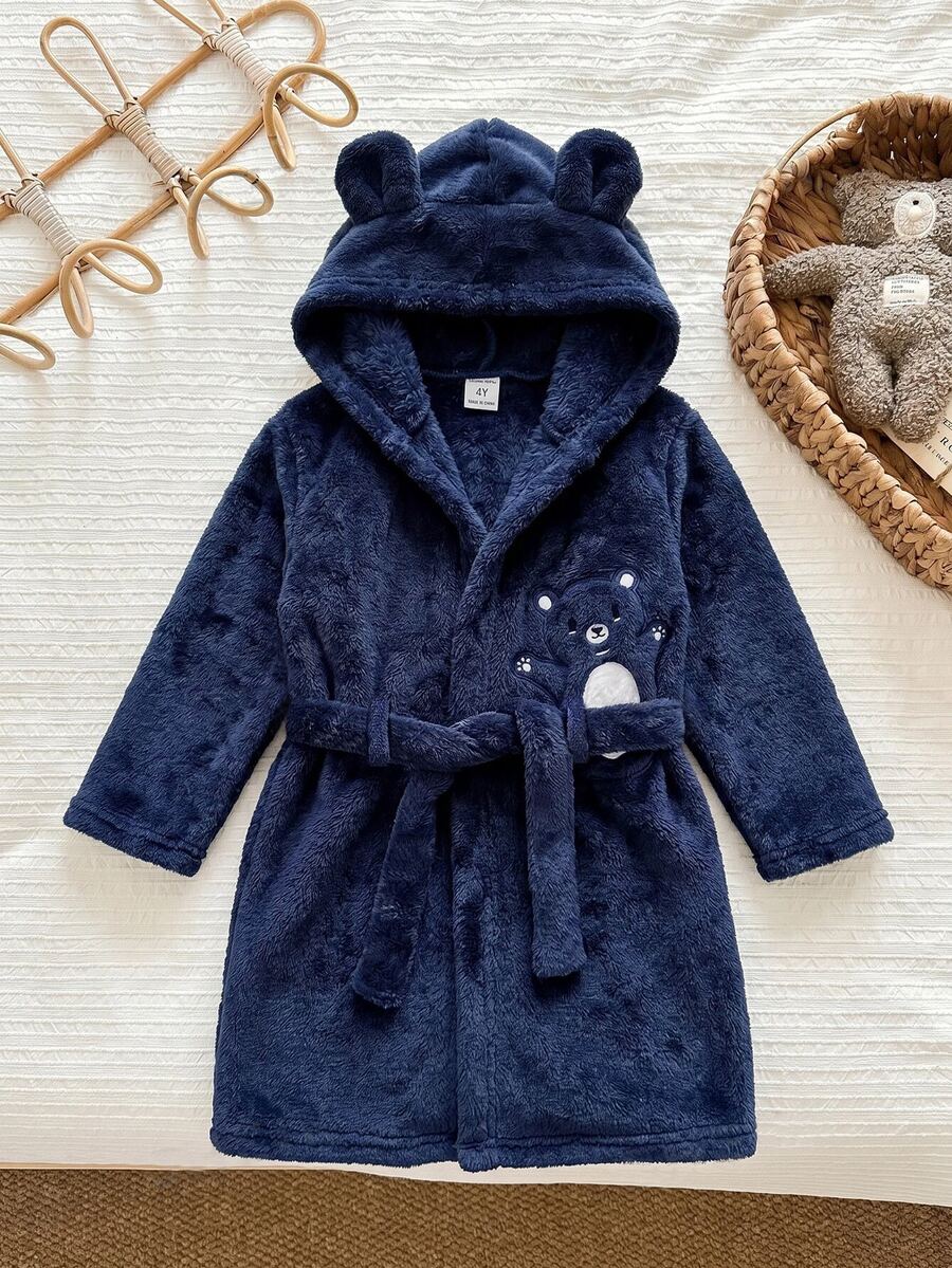 SHEIN كارديجان كاجوال محبوك بلون موحد مع تطريز وغطاء رأس لملابس المنزل للأولاد الصغار - متعدد الألوان - مشاهدة 1