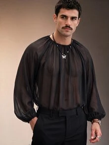 ZURIURI Men's Sexy Sheer Chiffon Long Sleeve Shirt - Black - View 6