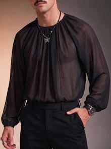 ZURIURI Men's Sexy Sheer Chiffon Long Sleeve Shirt - Black - View 3
