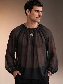 ZURIURI Men's Sexy Sheer Chiffon Long Sleeve Shirt - Black - View 4