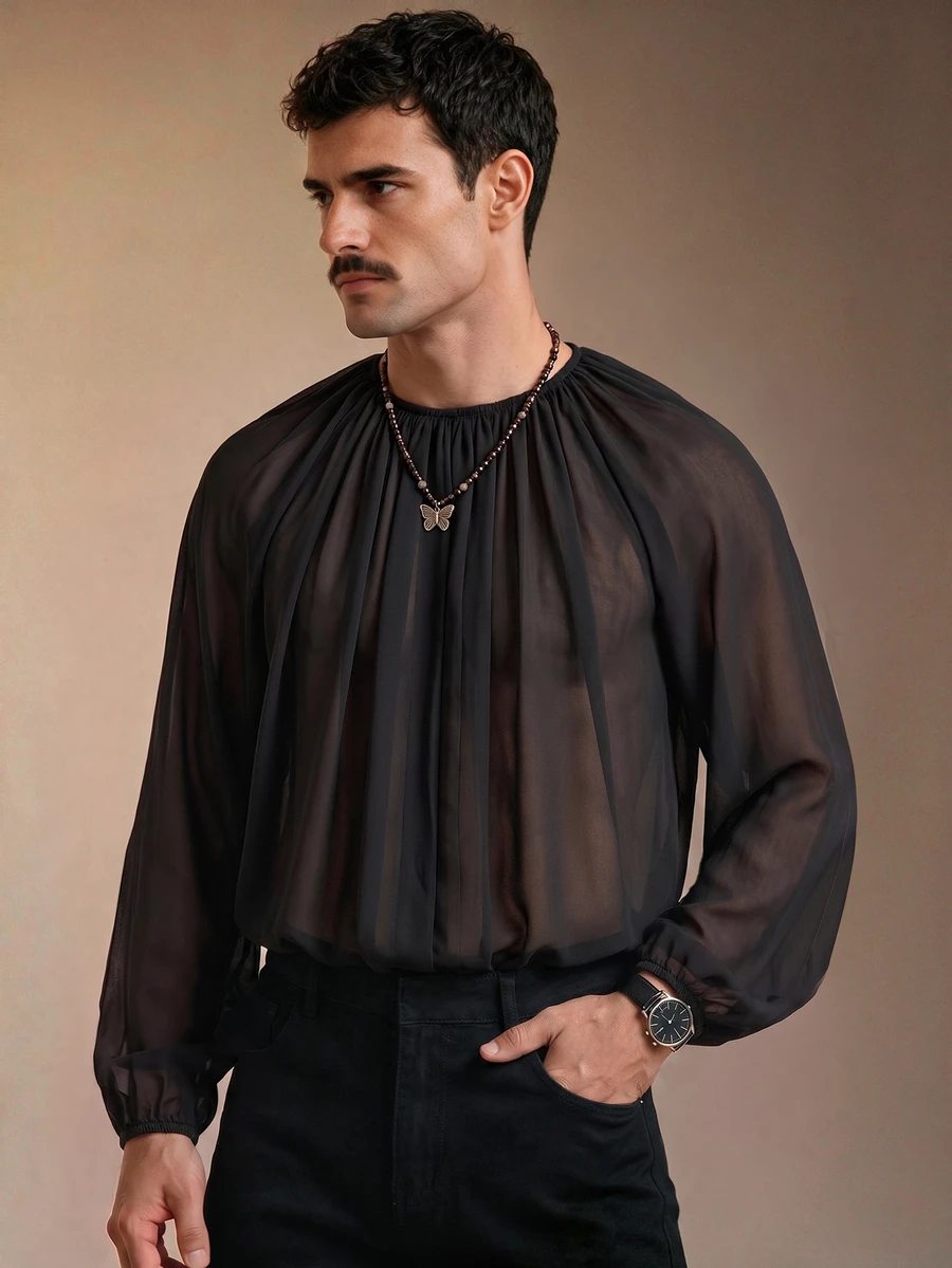 ZURIURI Men's Sexy Sheer Chiffon Long Sleeve Shirt - Black - View 1