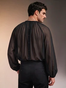 ZURIURI Men's Sexy Sheer Chiffon Long Sleeve Shirt - Black - View 2