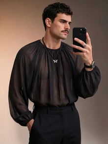 ZURIURI Men's Sexy Sheer Chiffon Long Sleeve Shirt - Black - View 5