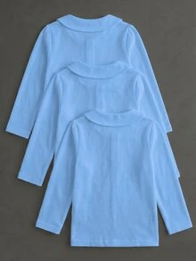 Elladie kids 女童 3件組長袖 Polo 衫，娃娃領精緻愛心鈕扣，長袖 T 恤，基本純色修身 T 恤，適合返校季 - 藍色 - 查看 2