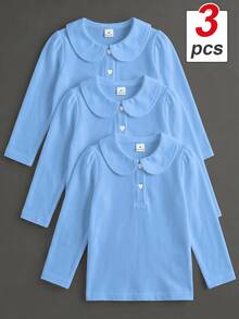 Elladie kids 女童 3件組長袖 Polo 衫，娃娃領精緻愛心鈕扣，長袖 T 恤，基本純色修身 T 恤，適合返校季 - 藍色 - 查看 1