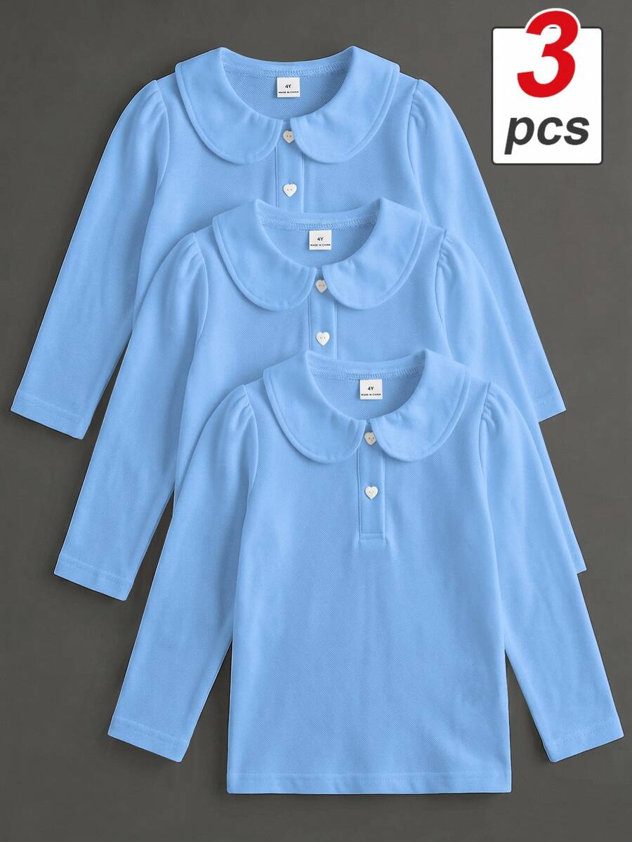 Elladie kids 女童 3件組長袖 Polo 衫，娃娃領精緻愛心鈕扣，長袖 T 恤，基本純色修身 T 恤，適合返校季 - 藍色 - 查看 1