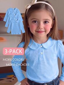 Elladie kids 女童 3件組長袖 Polo 衫，娃娃領精緻愛心鈕扣，長袖 T 恤，基本純色修身 T 恤，適合返校季 - 藍色 - 查看 4