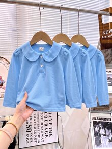 Elladie kids 女童 3件組長袖 Polo 衫，娃娃領精緻愛心鈕扣，長袖 T 恤，基本純色修身 T 恤，適合返校季 - 藍色 - 查看 6