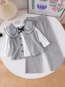 SHEIN Elladie kids 跨境少女 4-7 歲學院風網紗波點刺繡翻領針織羅紋鈕扣背心開襟衫 + 柔軟長袖套頭 T 恤 + 鬆緊腰寬腿長褲 3 件套，適合校園日常、生日派對與外出拍照休閒風穿搭，春/秋季 - 灰色 - 查看 5