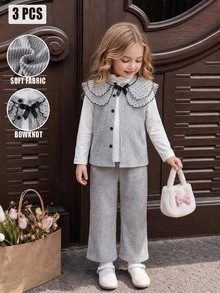 SHEIN Elladie kids 跨境少女 4-7 歲學院風網紗波點刺繡翻領針織羅紋鈕扣背心開襟衫 + 柔軟長袖套頭 T 恤 + 鬆緊腰寬腿長褲 3 件套，適合校園日常、生日派對與外出拍照休閒風穿搭，春/秋季 - 灰色 - 查看 4