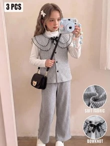 SHEIN Elladie kids 跨境少女 4-7 歲學院風網紗波點刺繡翻領針織羅紋鈕扣背心開襟衫 + 柔軟長袖套頭 T 恤 + 鬆緊腰寬腿長褲 3 件套，適合校園日常、生日派對與外出拍照休閒風穿搭，春/秋季 - 灰色 - 查看 2