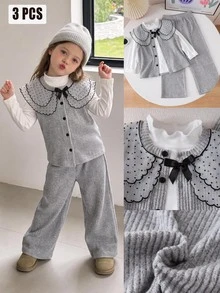 SHEIN Elladie kids 跨境少女 4-7 歲學院風網紗波點刺繡翻領針織羅紋鈕扣背心開襟衫 + 柔軟長袖套頭 T 恤 + 鬆緊腰寬腿長褲 3 件套，適合校園日常、生日派對與外出拍照休閒風穿搭，春/秋季 - 灰色 - 查看 6