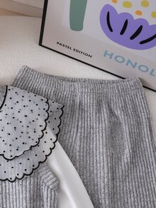 SHEIN Elladie kids 跨境少女 4-7 歲學院風網紗波點刺繡翻領針織羅紋鈕扣背心開襟衫 + 柔軟長袖套頭 T 恤 + 鬆緊腰寬腿長褲 3 件套，適合校園日常、生日派對與外出拍照休閒風穿搭，春/秋季 - 灰色 - 查看 9