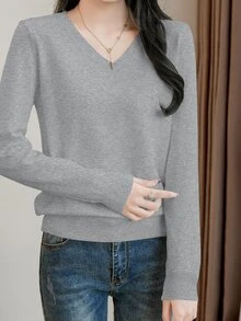 EMERY ROSE Women V-Neck Sweater Top, Grey Top Knit Pullover Fall Winter - Dark Grey - View 7