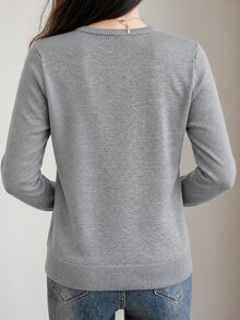 EMERY ROSE Women V-Neck Sweater Top, Grey Top Knit Pullover Fall Winter - Dark Grey - View 2