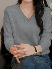 EMERY ROSE Women V-Neck Sweater Top, Grey Top Knit Pullover Fall Winter - Dark Grey - View 5