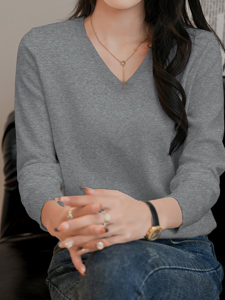 EMERY ROSE Women V-Neck Sweater Top, Grey Top Knit Pullover Fall Winter - Dark Grey - View 5