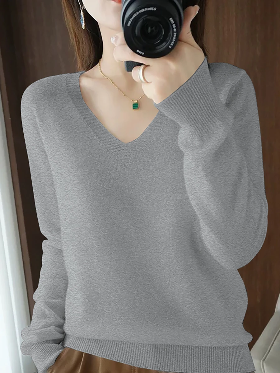 EMERY ROSE Women V-Neck Sweater Top, Grey Top Knit Pullover Fall Winter - Dark Grey - View 1
