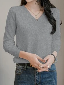 EMERY ROSE Women V-Neck Sweater Top, Grey Top Knit Pullover Fall Winter - Dark Grey - View 6