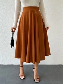 SHEIN Tall Solid Color Pleated A-Line Casual Skirt - Camel - View 3