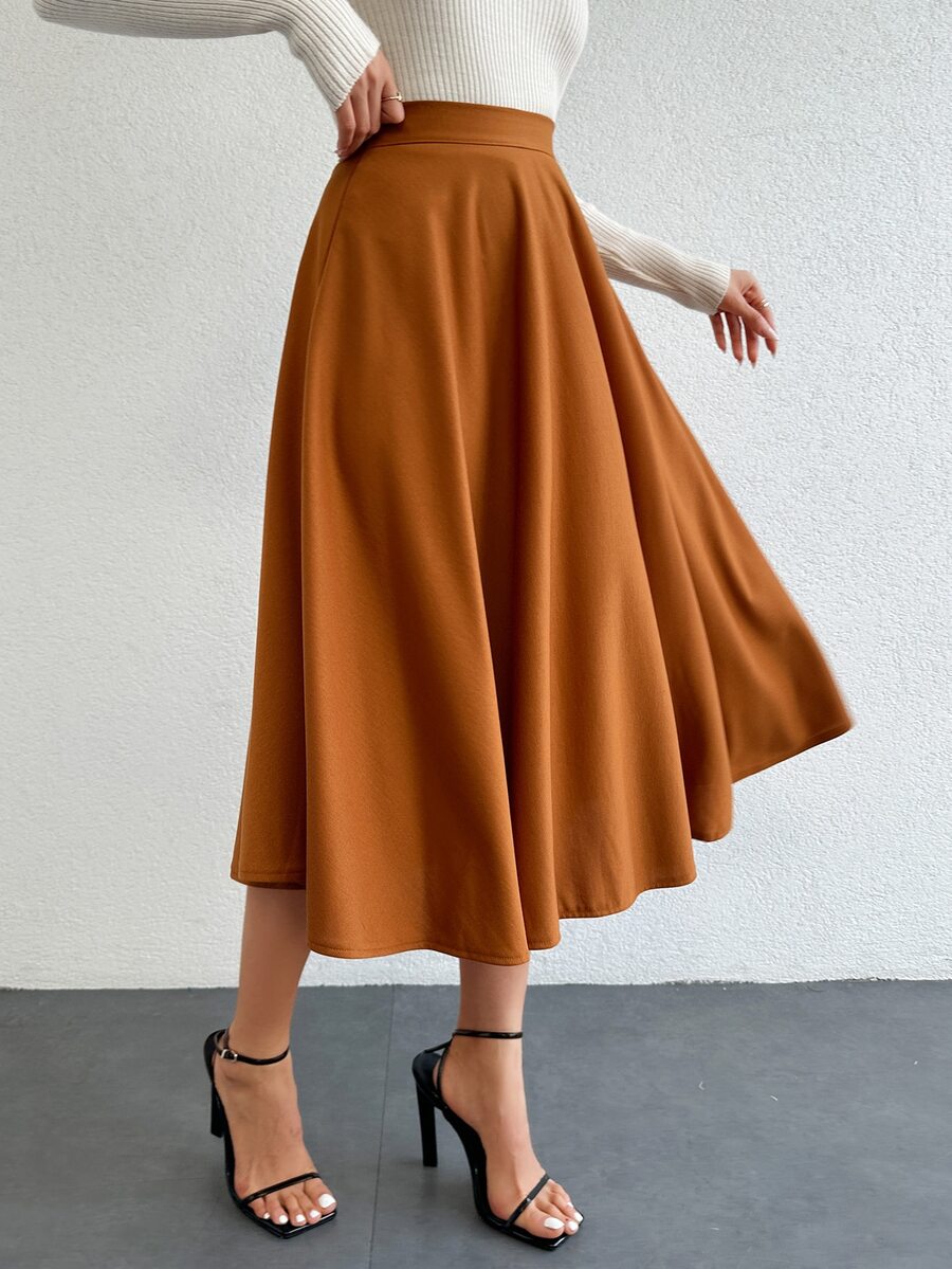 SHEIN Tall Solid Color Pleated A-Line Casual Skirt - Camel - View 1
