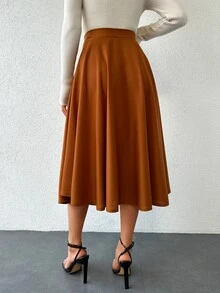 SHEIN Tall Solid Color Pleated A-Line Casual Skirt - Camel - View 2