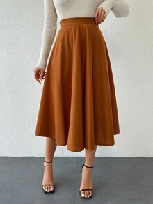 SHEIN Tall Solid Color Pleated A-Line Casual Skirt - Camel - View 5