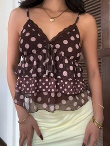 CovetEZ Women's Polka Dot Print Front Tie Cake Hem Camisole - Brown - View 7