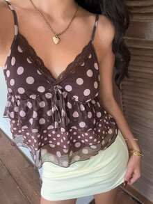 CovetEZ Women's Polka Dot Print Front Tie Cake Hem Camisole - Brown - View 8